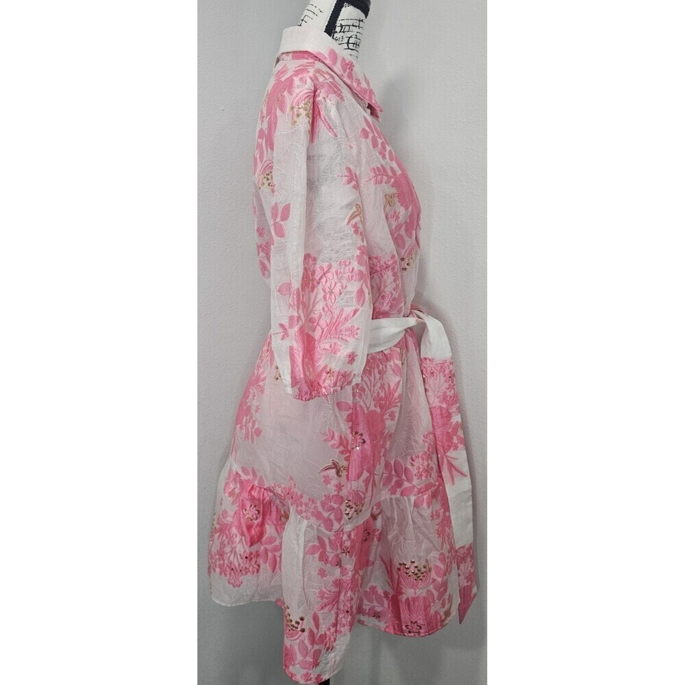 Gingham & Heels Glazer Pink Brocade Embroidered Floral Mini Belt Dress Size 16 - Picture 6 of 16